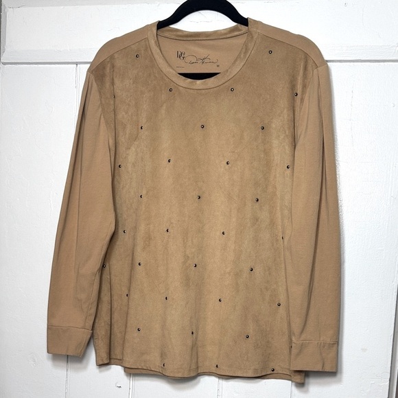 Diane Gilman Tops - Diane Gilman Tan Faux Suede Mixed Media Long Sleeve Top with Stud Accents